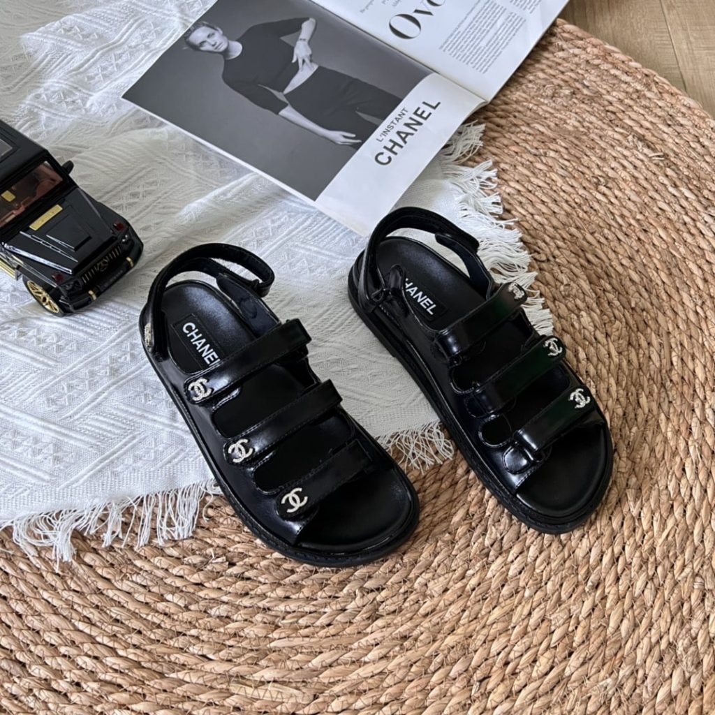 Chanel Triple Velcro Strap Sandals Black G45628 B16403 94305 - Image 9