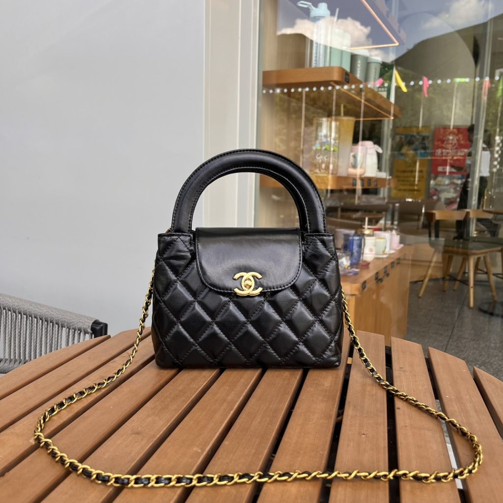 Chanel Kelly Mini Shopping Bag Shiny Aged Gold Tone Metal Black 19Cm AS4416 B14296 94305 - Image 3