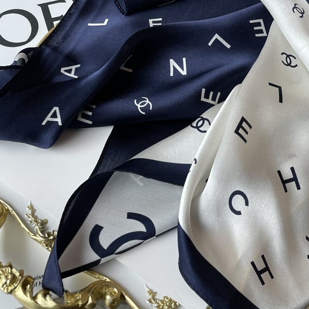 Chanel Multi Letters Square Silk Scarf White Blue - Image 7