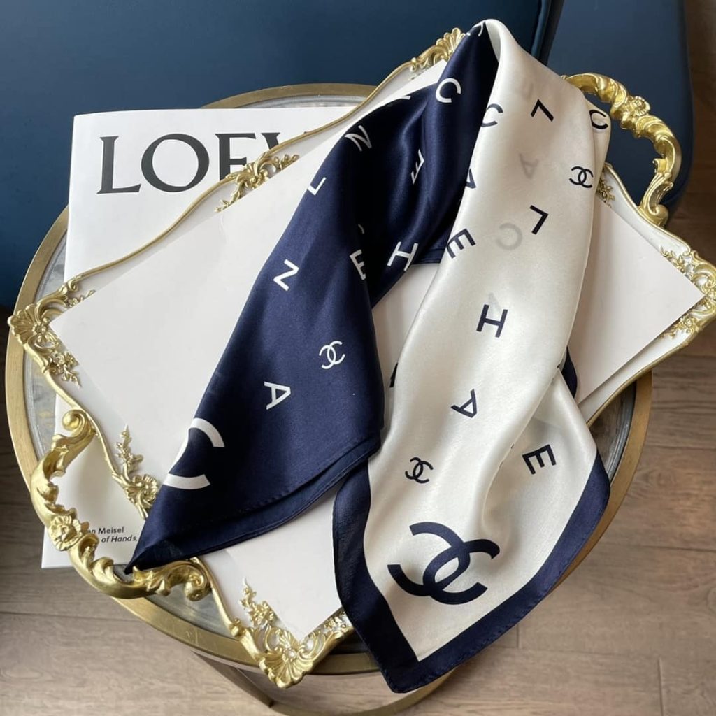 Chanel Multi Letters Square Silk Scarf White Blue - Image 6