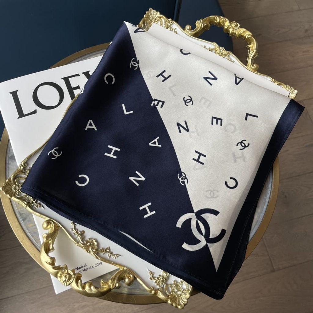 Chanel Multi Letters Square Silk Scarf White Blue - Image 5