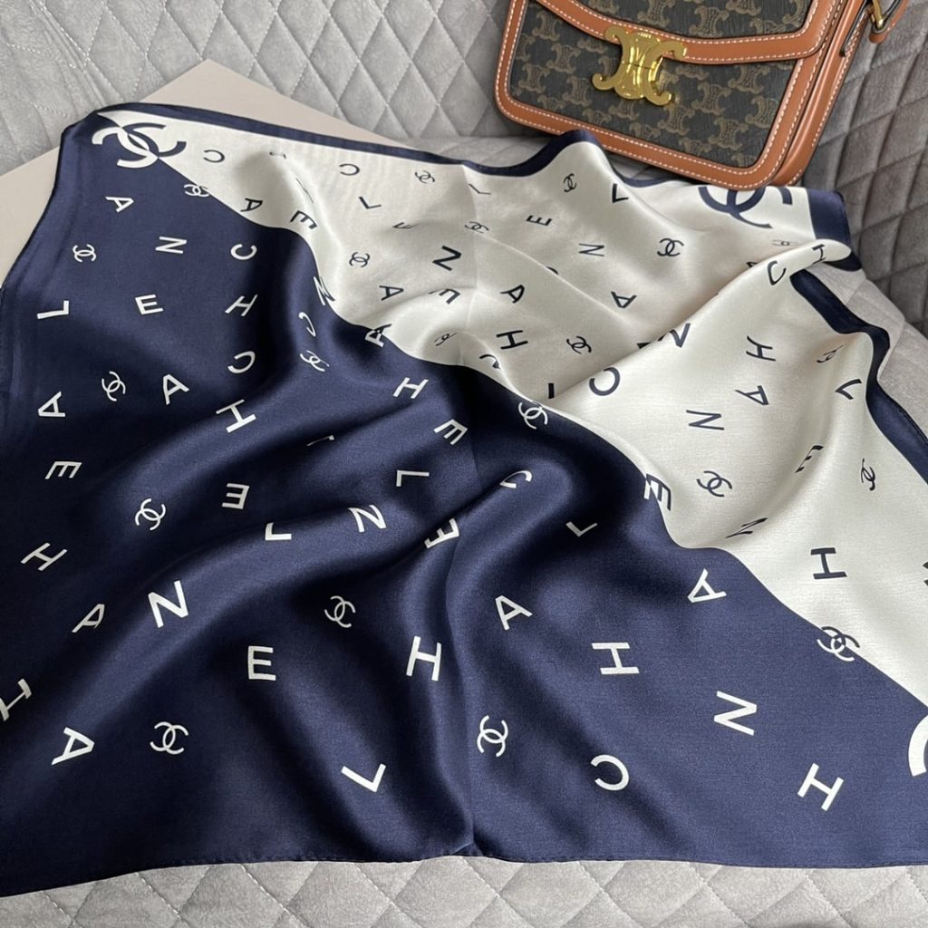 Chanel Multi Letters Square Silk Scarf White Blue - Image 3