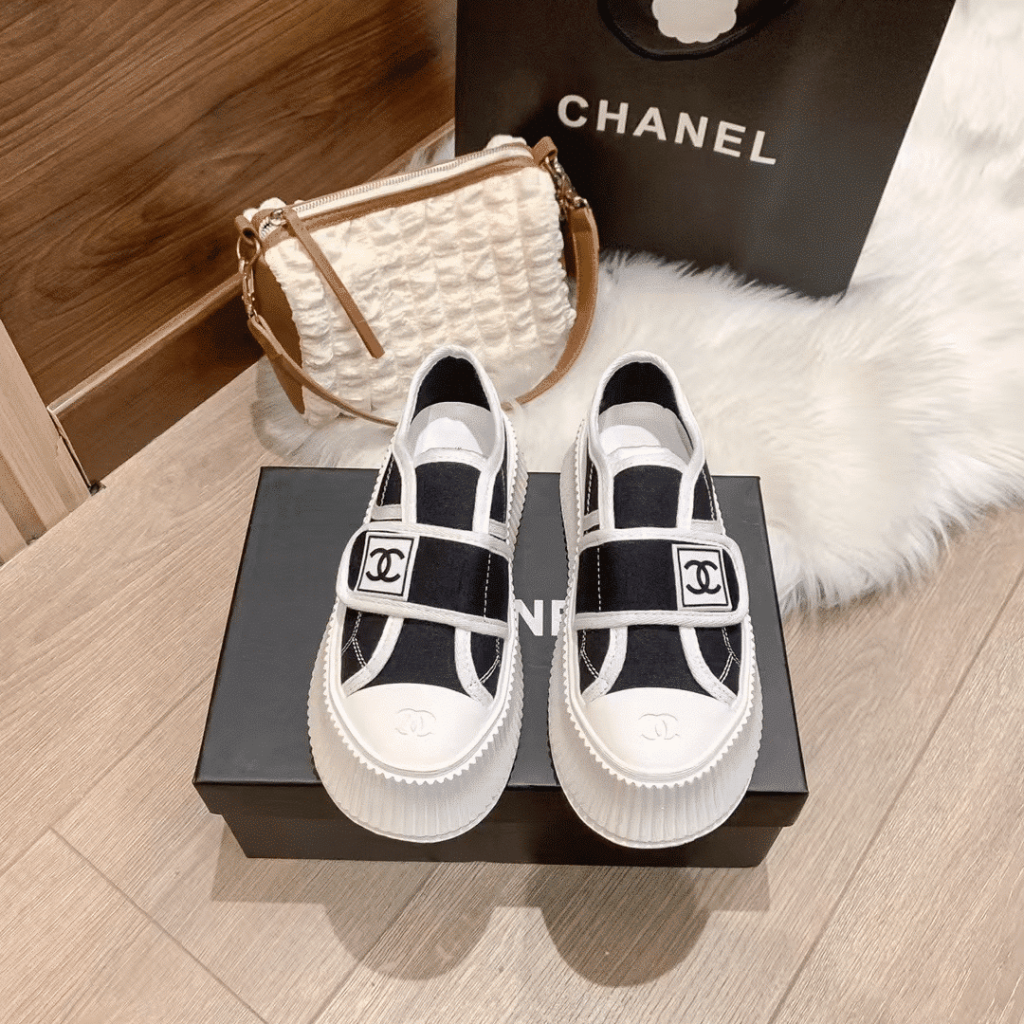 Chanel White CC Cap Toe Slipon Sneaker Black - Image 6