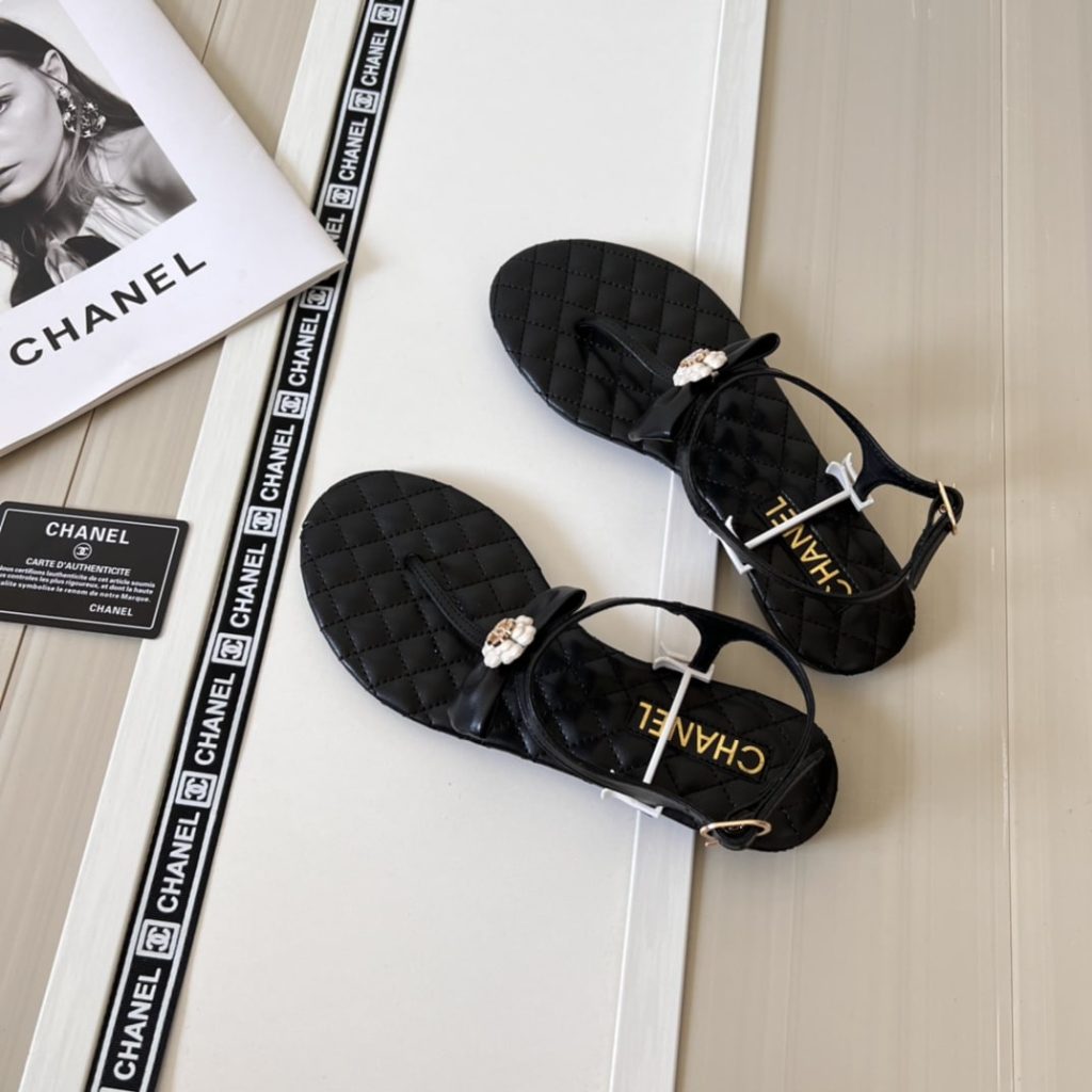 Chanel Black Quilted Leather With White Camellia Cc Logo Sandals G45258 X01000 94305 - Image 7