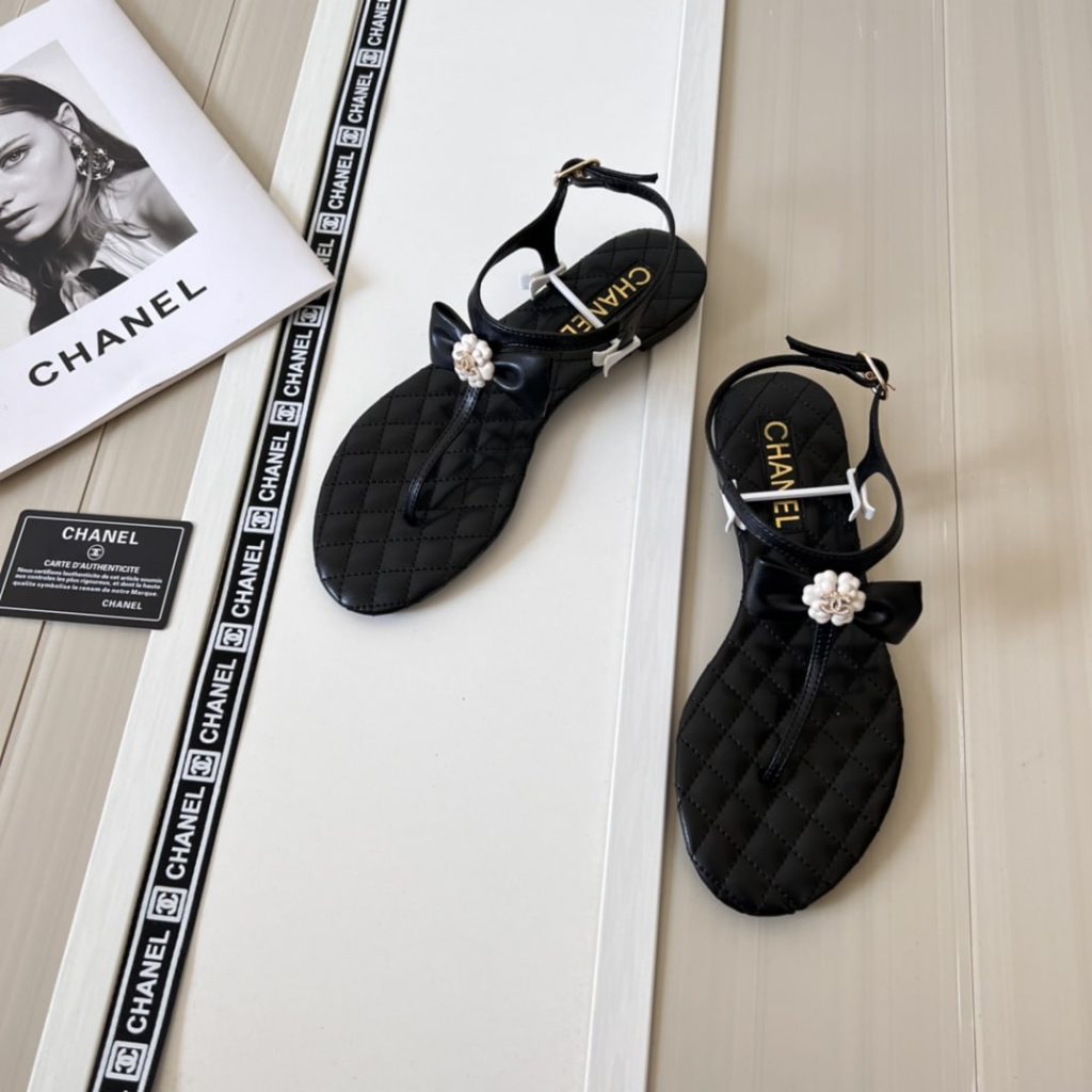 Chanel Black Quilted Leather With White Camellia Cc Logo Sandals G45258 X01000 94305 - Image 6