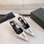 Saint Laurent Pointed Toe Slingback Pumps With Gold Tone Metal White - Image 4