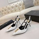 Saint Laurent Pointed Toe Slingback Pumps With Gold Tone Metal White - Image 5