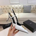 Saint Laurent Pointed Toe Slingback Pumps With Gold Tone Metal White - Image 7