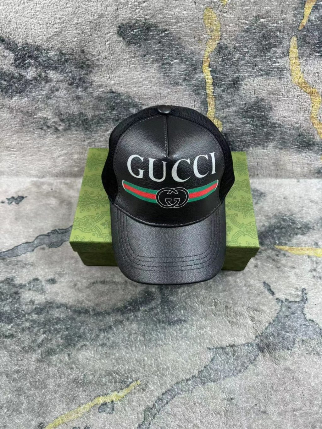 Gucci Gg Print Leather Baseball Cap Black - Image 3