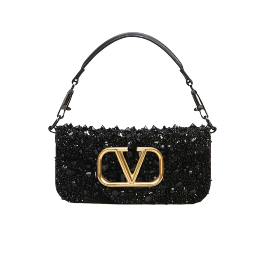 Valentino Loco Medium Vlogo Sequins Shoulder Bag Black 26Cm - Image 2