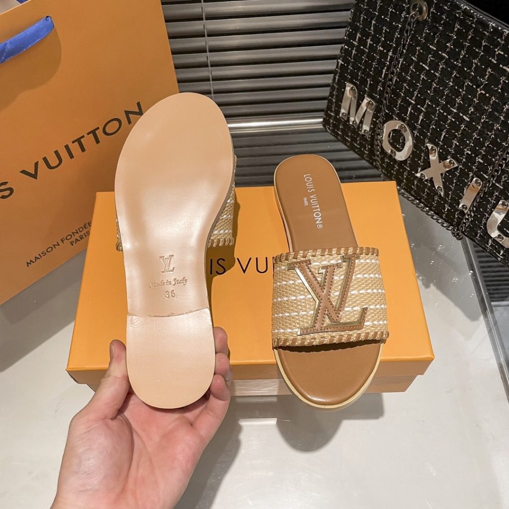 Louis Vuitton Lock It Flat Raffia Mules Brown - Image 9