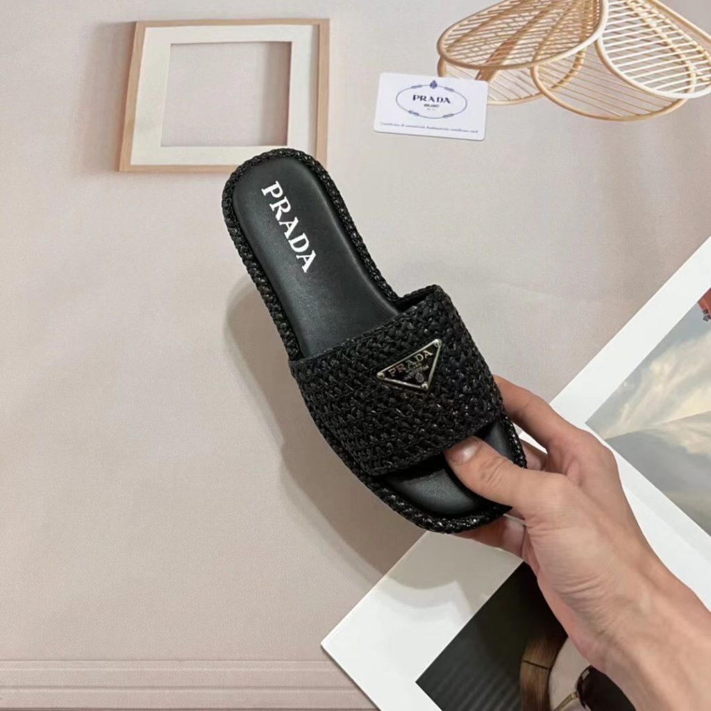 Prada Natural Crochet Platform Slides Black - Image 5