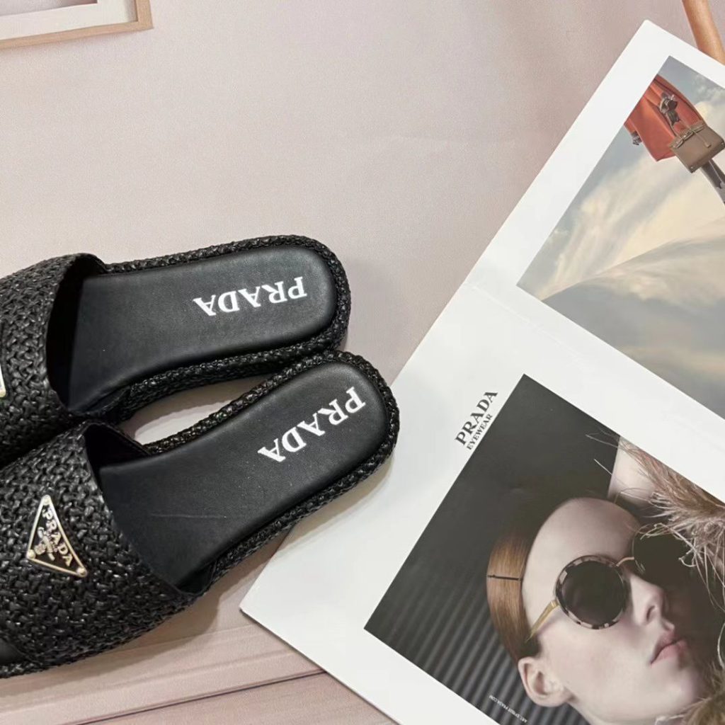 Prada Natural Crochet Platform Slides Black - Image 8