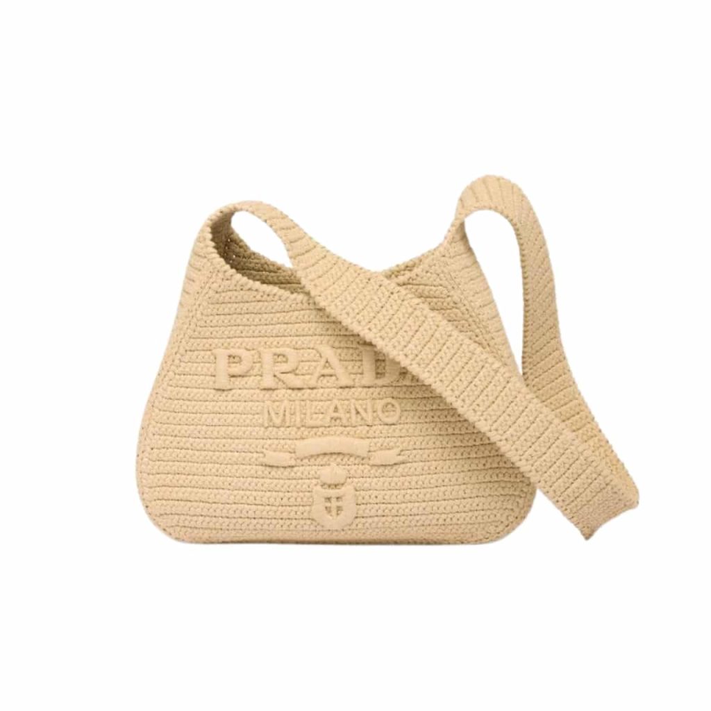 Prada Logo Embossed Raffia Shoulder Bag Beige 33Cm 1Bc186Vouo2A2T - Image 2
