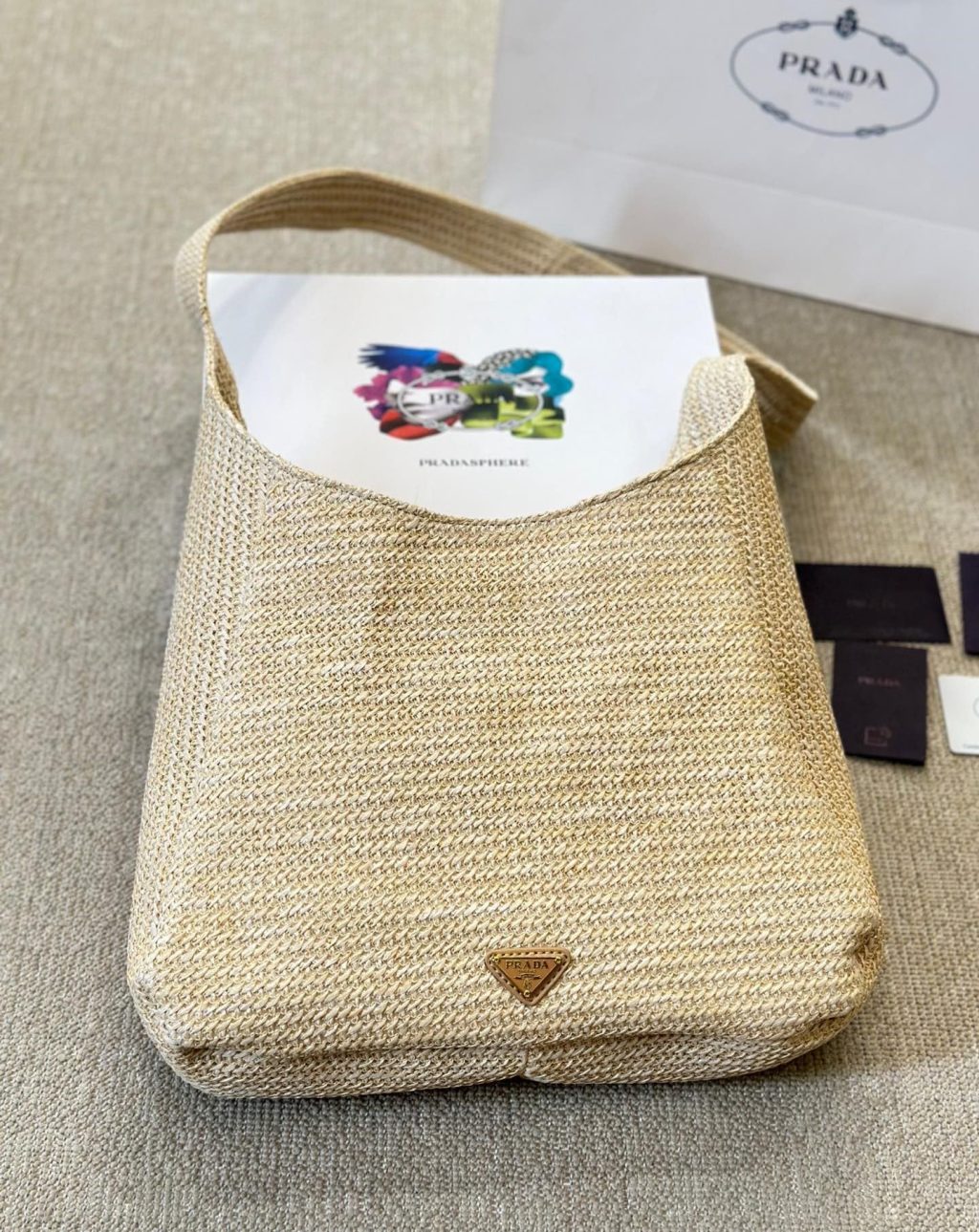 Prada Logo Embossed Raffia Shoulder Bag Beige 33Cm 1Bc186Vouo2A2T - Image 3