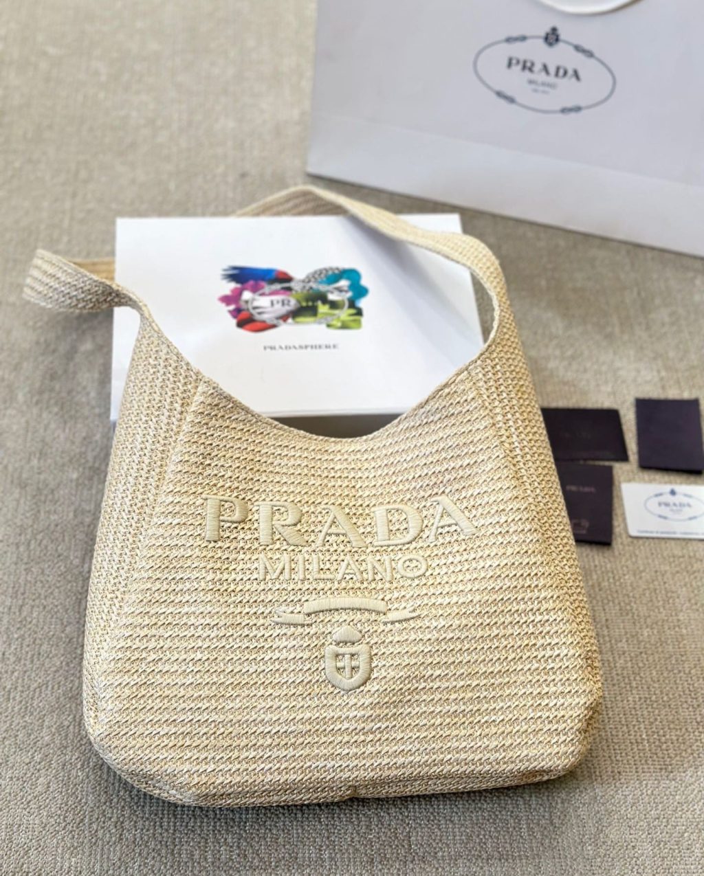 Prada Logo Embossed Raffia Shoulder Bag Beige 33Cm 1Bc186Vouo2A2T - Image 4