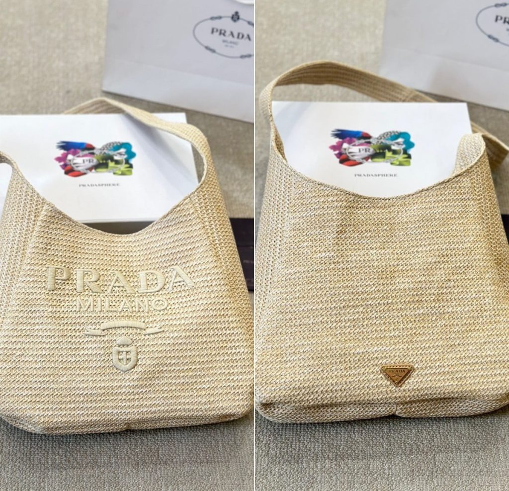 Prada Logo Embossed Raffia Shoulder Bag Beige 33Cm 1Bc186Vouo2A2T - Image 5