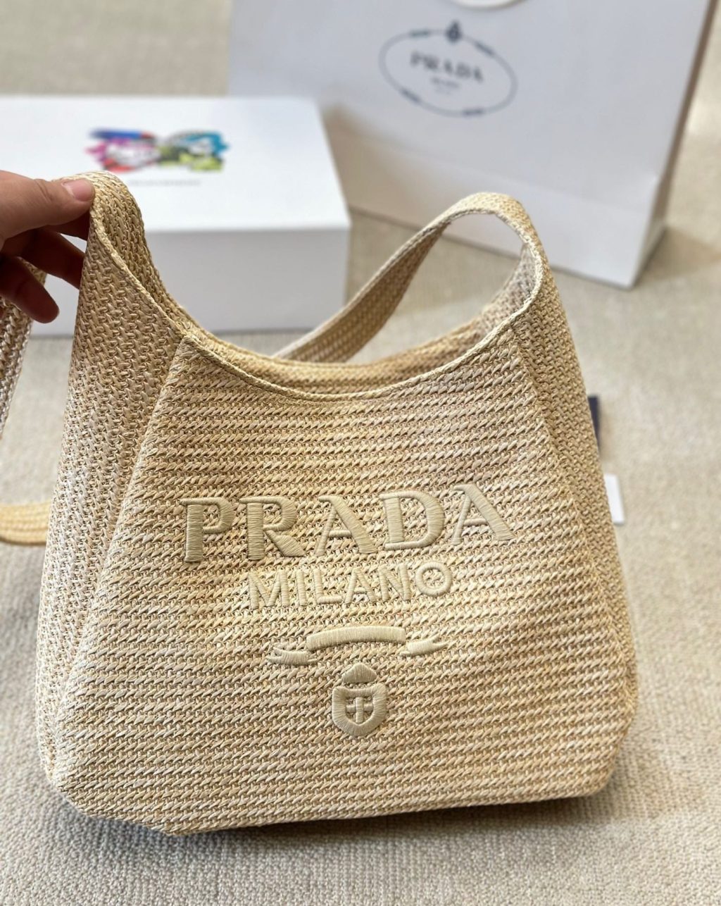 Prada Logo Embossed Raffia Shoulder Bag Beige 33Cm 1Bc186Vouo2A2T - Image 6