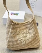Prada Logo Embossed Raffia Shoulder Bag Beige 33Cm 1Bc186Vouo2A2T - Image 7