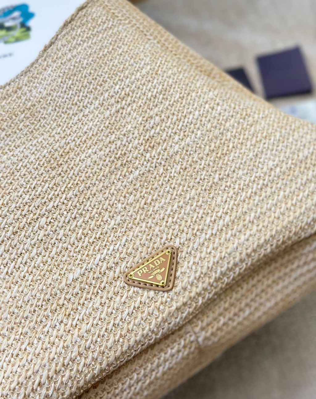 Prada Logo Embossed Raffia Shoulder Bag Beige 33Cm 1Bc186Vouo2A2T - Image 8