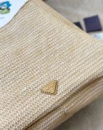 Prada Logo Embossed Raffia Shoulder Bag Beige 33Cm 1Bc186Vouo2A2T - Image 8