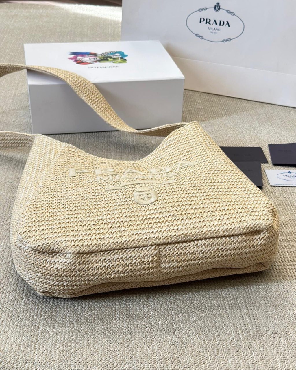 Prada Logo Embossed Raffia Shoulder Bag Beige 33Cm 1Bc186Vouo2A2T - Image 9