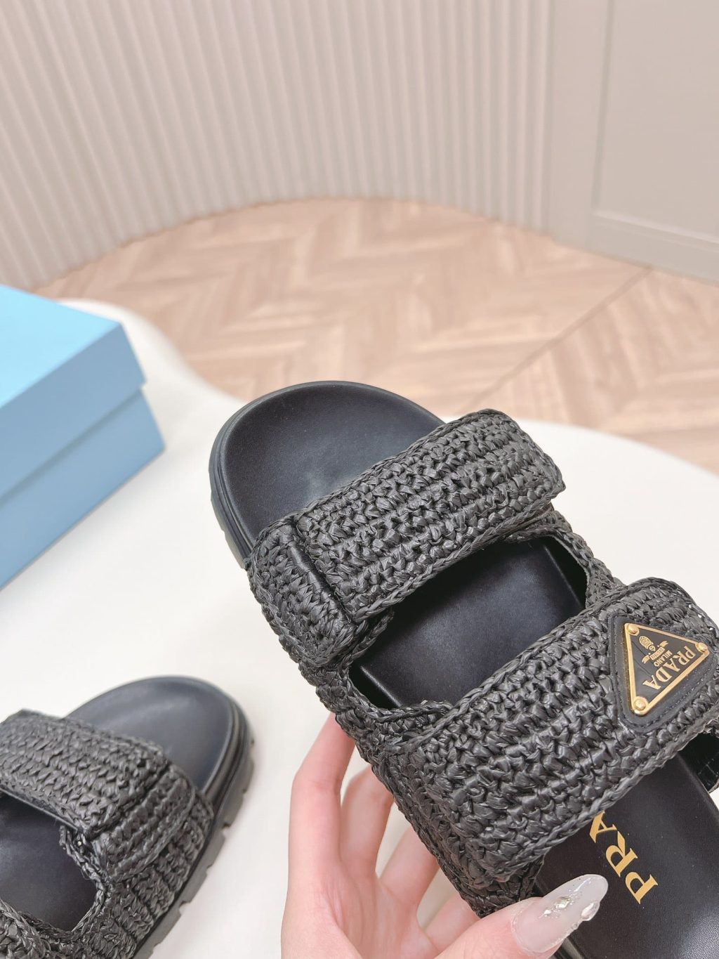 Prada Fussbett Raffia Dual Buckle Slide Sandals Black - Image 6