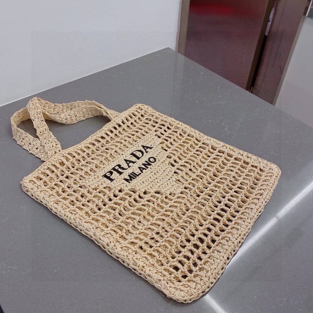 Prada Natural Logo Crochet Tote Bag - Image 4