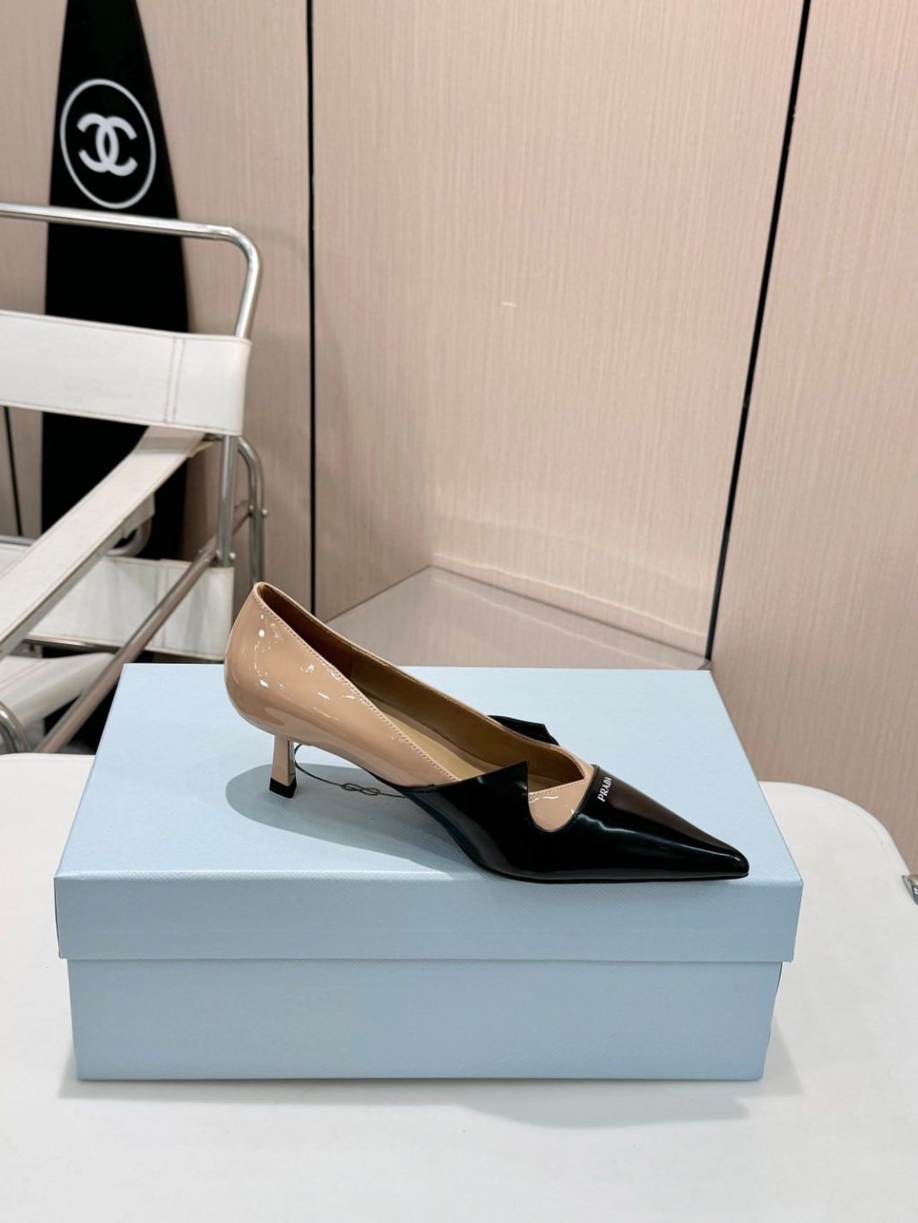 Prada Two Tone Toe Kitten Heels In Black And Beige - Image 6