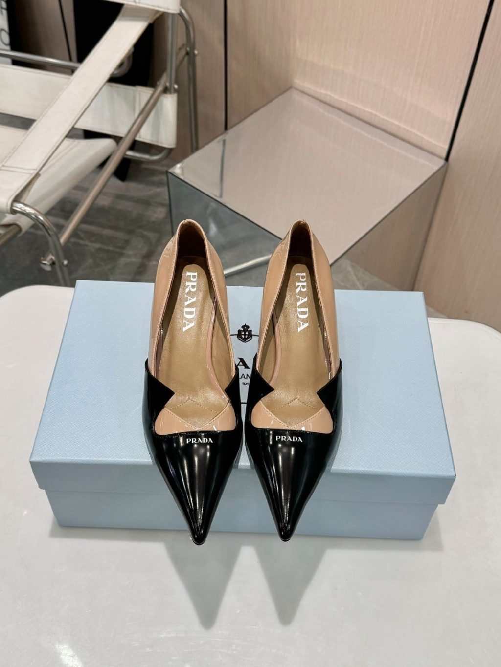Prada Two Tone Toe Kitten Heels In Black And Beige - Image 4