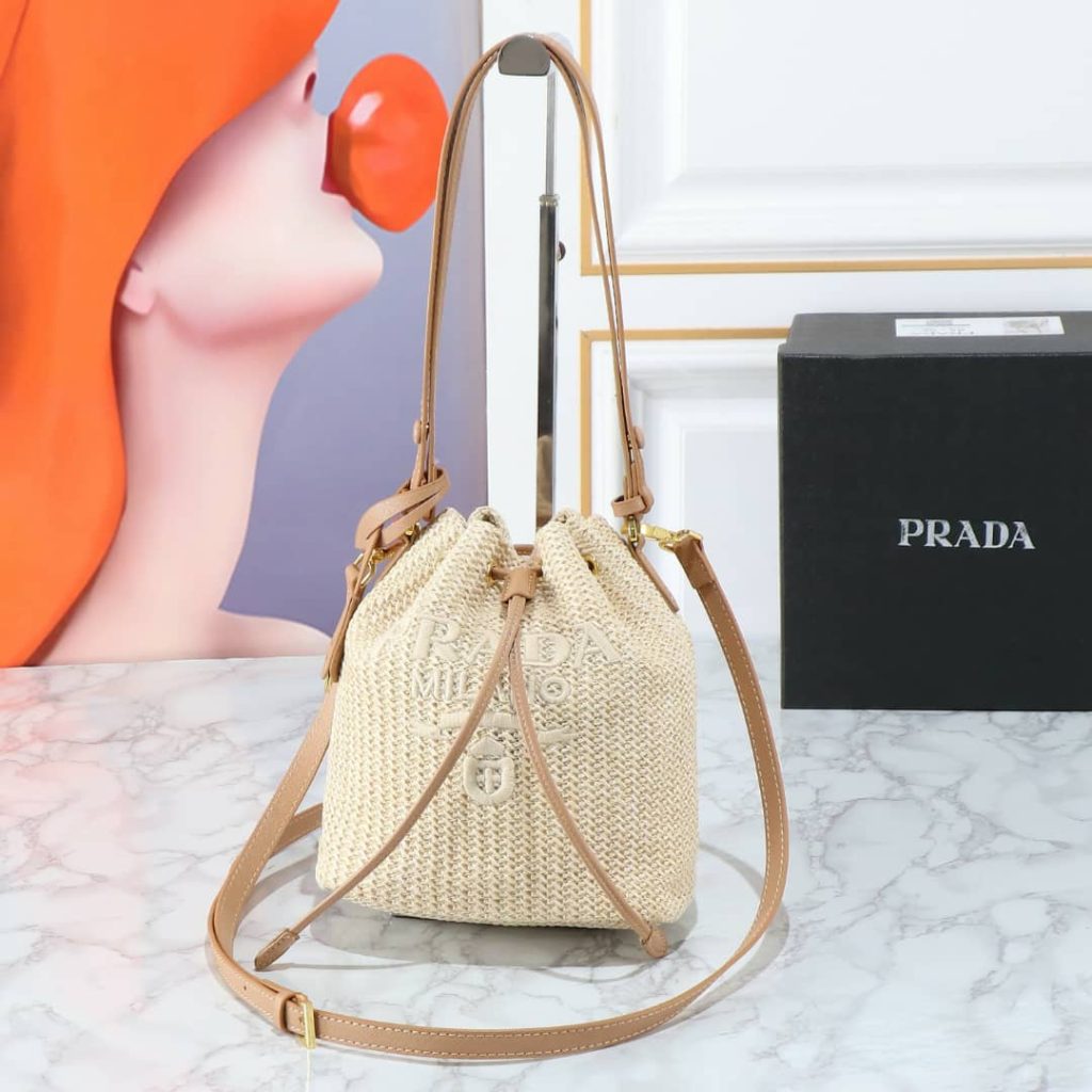Prada Crochet And Leather Bucket Bag Natural 24Cm 1Be068 2M2T F0018 V Ouo - Image 3