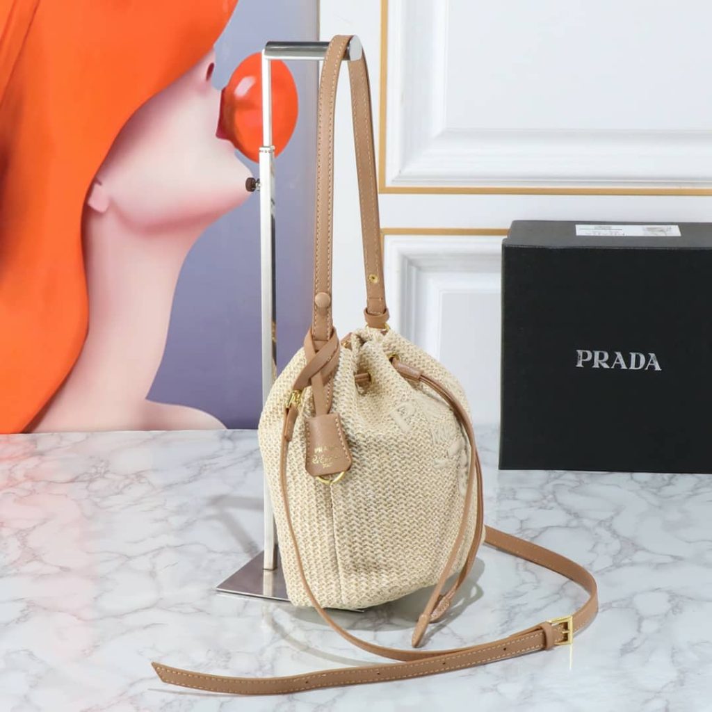 Prada Crochet And Leather Bucket Bag Natural 24Cm 1Be068 2M2T F0018 V Ouo - Image 9