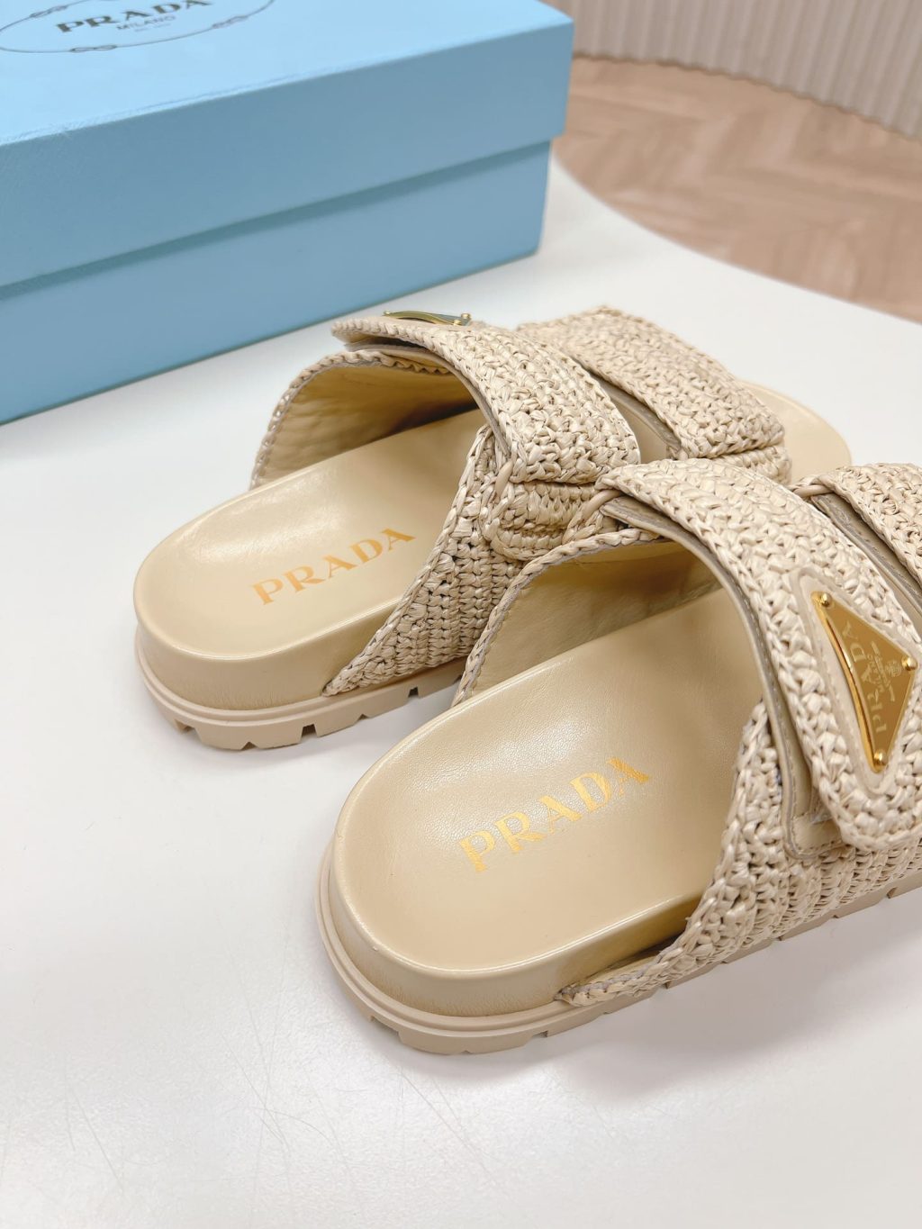 Prada Raffia Double Band Slide Sandals Beige 1Xx699 F020 2C2T F0018 - Image 6