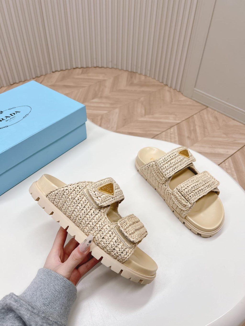 Prada Raffia Double Band Slide Sandals Beige 1Xx699 F020 2C2T F0018 - Image 5