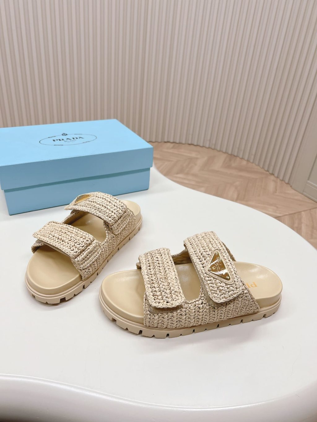 Prada Raffia Double Band Slide Sandals Beige 1Xx699 F020 2C2T F0018 - Image 9