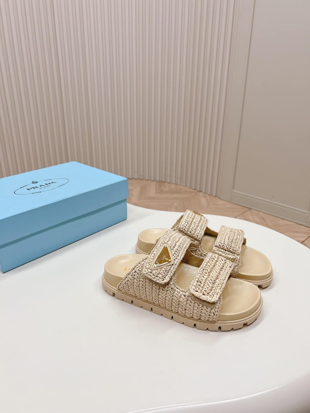 Prada Raffia Double Band Slide Sandals Beige 1Xx699 F020 2C2T F0018 - Image 4