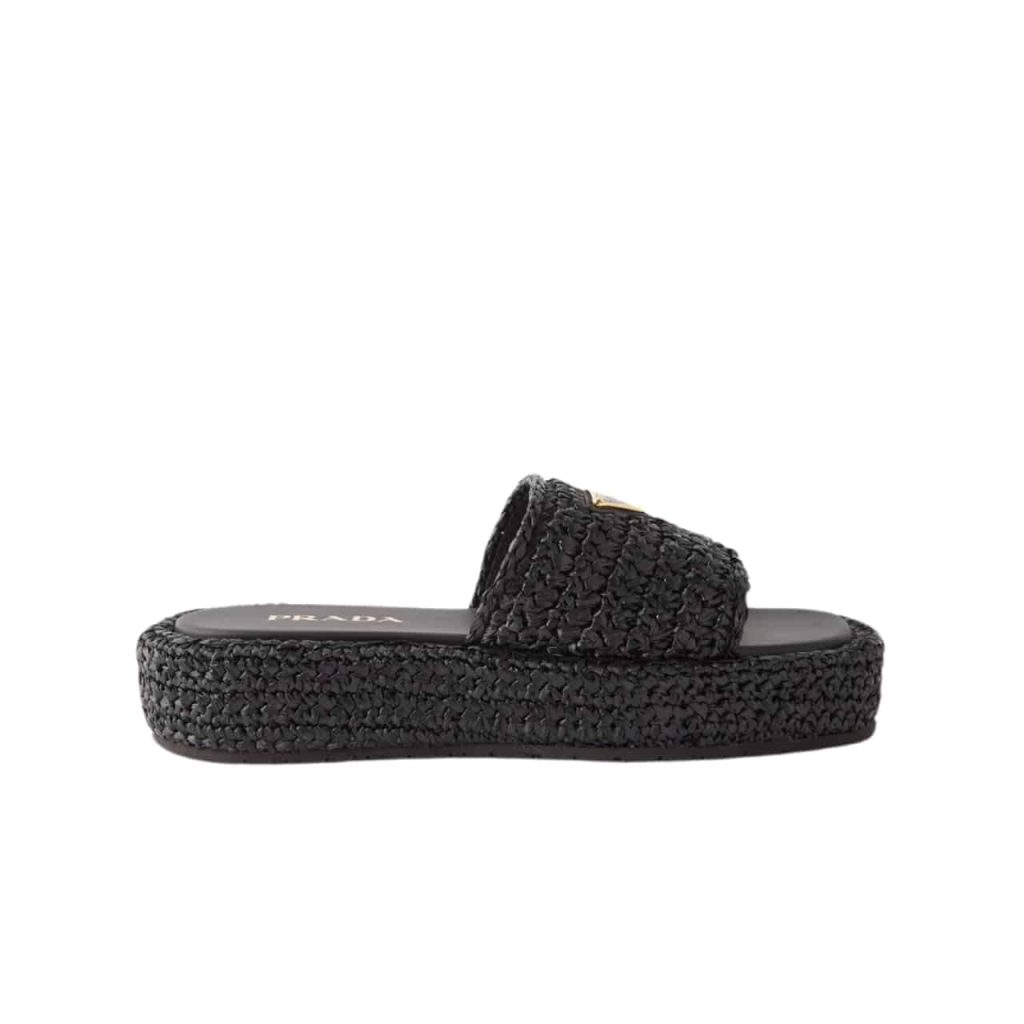 Prada Natural Crochet Platform Slides Black - Image 2