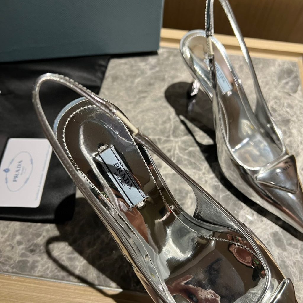 Prada Brushed Leather Slingback Pumps Silver - Image 7