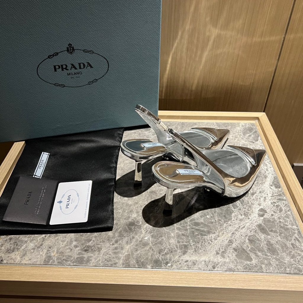 Prada Brushed Leather Slingback Pumps Silver - Image 6
