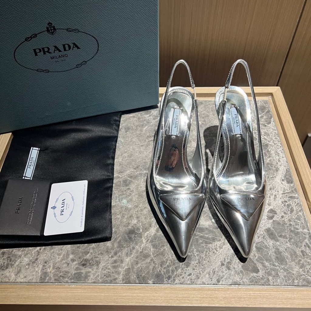 Prada Brushed Leather Slingback Pumps Silver - Image 4