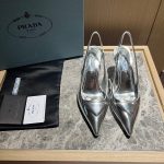 Prada Brushed Leather Slingback Pumps Silver - Image 4