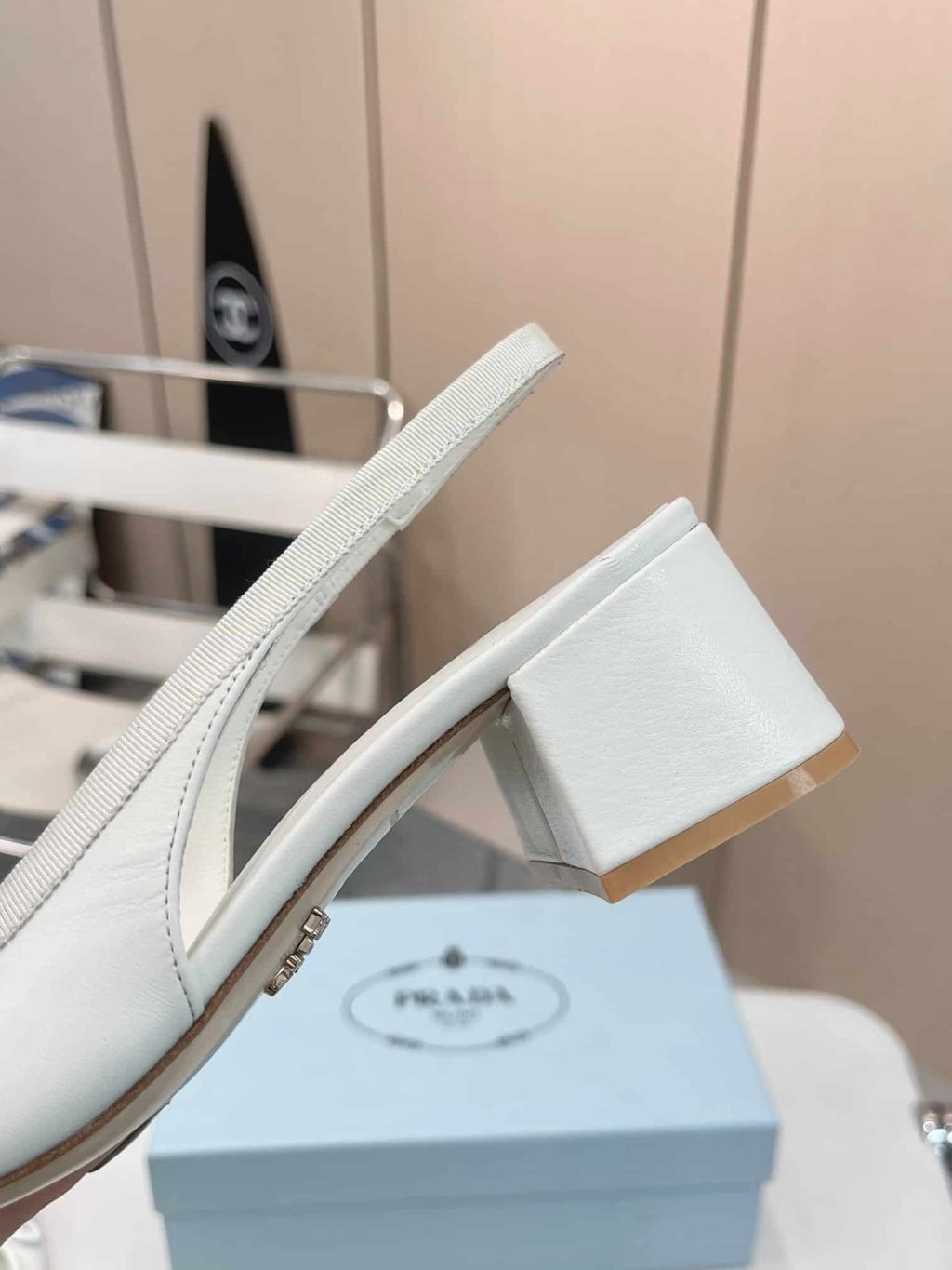 Prada Triangle Logo Bow Slingback Pump In White - Image 6