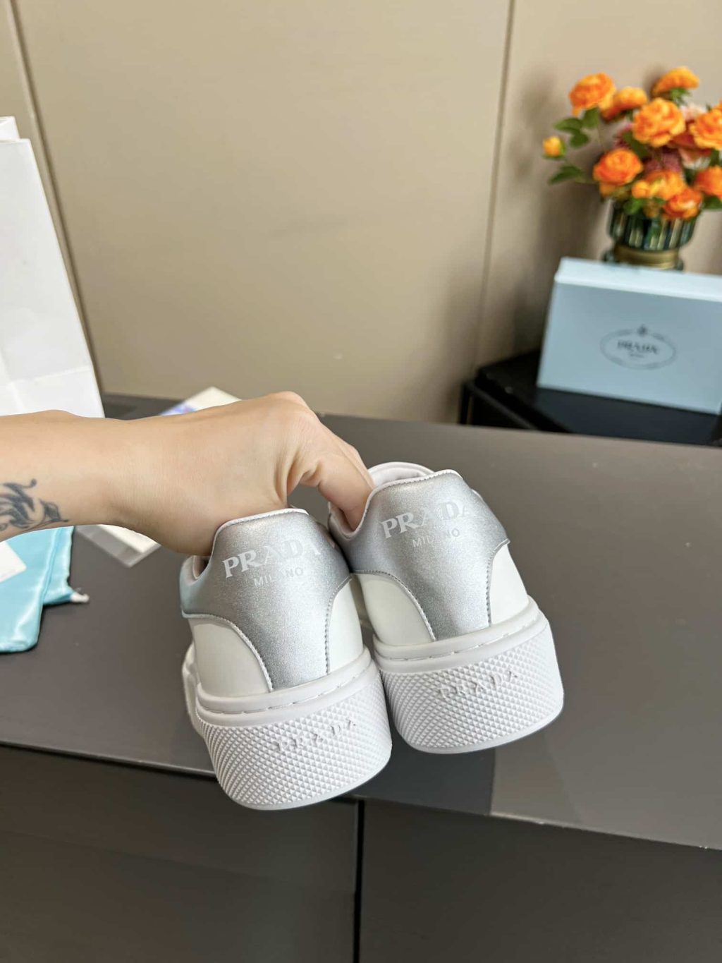 Prada Sneaker In White Leather With Silver Logo - Image 6