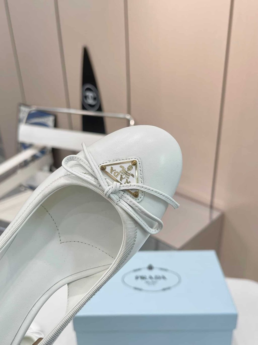 Prada Triangle Logo Bow Slingback Pump In White - Image 5