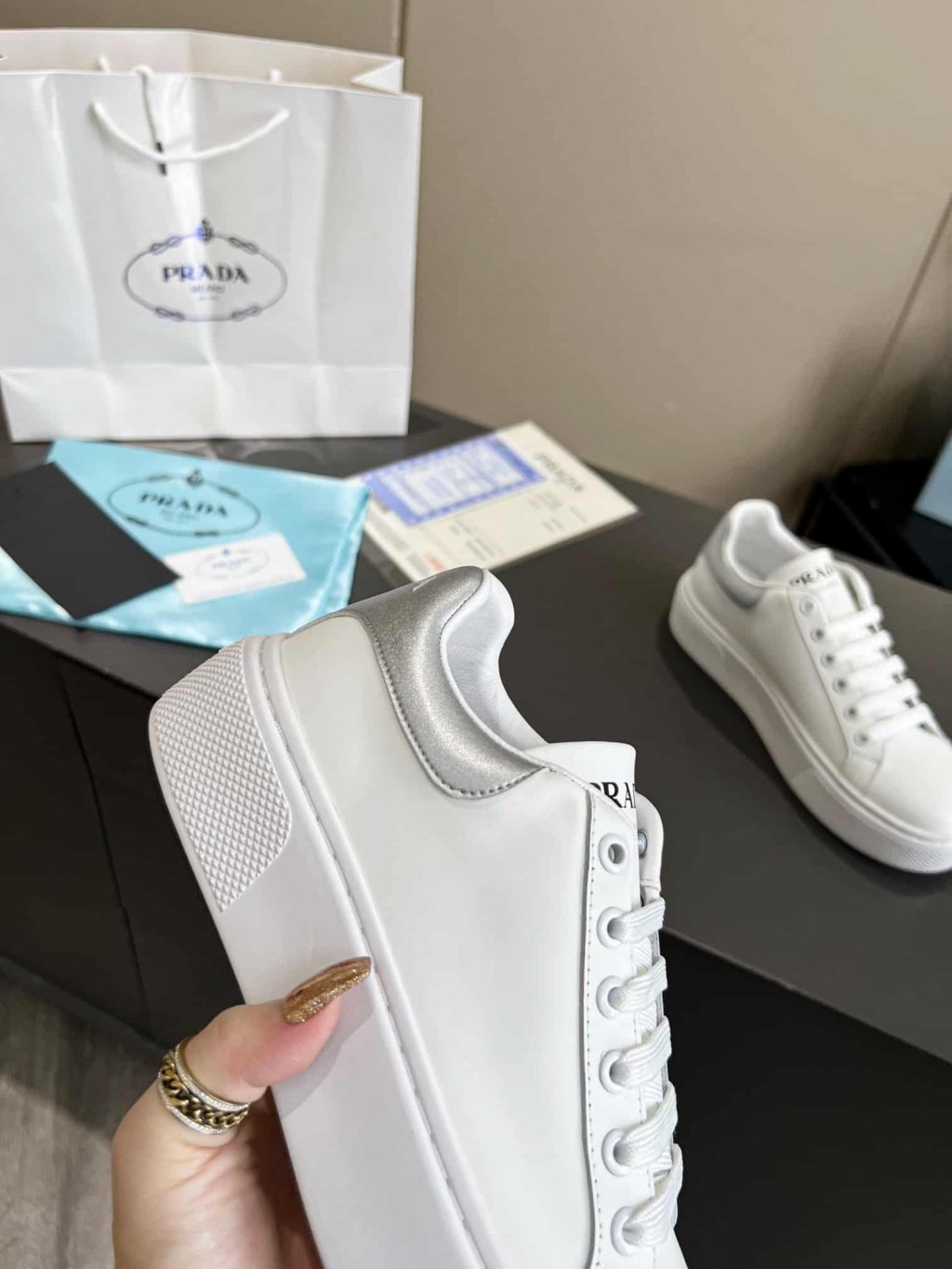 Prada Sneaker In White Leather With Silver Logo - Image 3