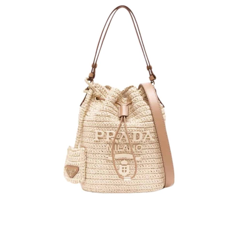 Prada Crochet And Leather Bucket Bag Natural 24Cm 1Be068 2M2T F0018 V Ouo - Image 2