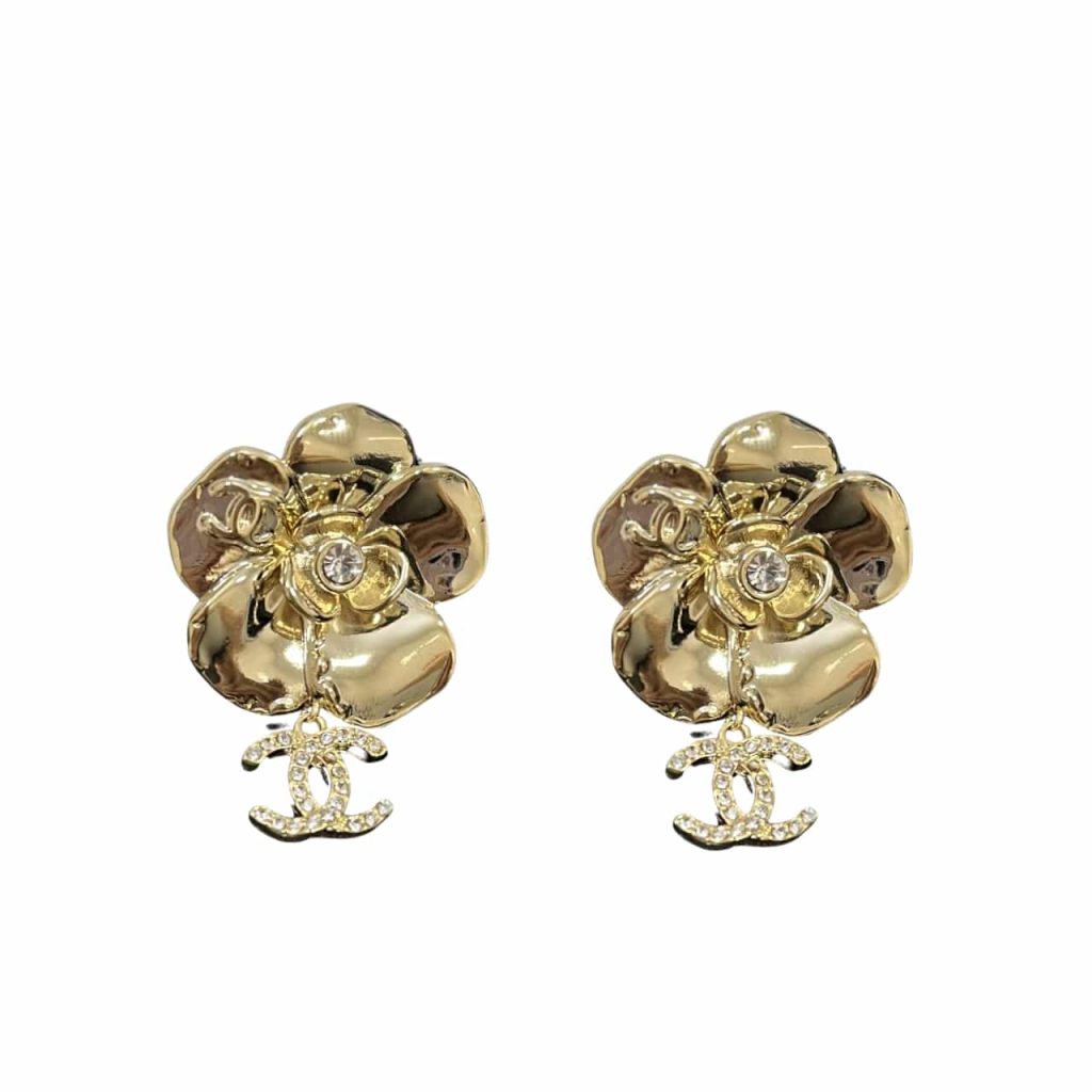 Chanel Cc Flower Earrings With Crystal Gold - Image 2