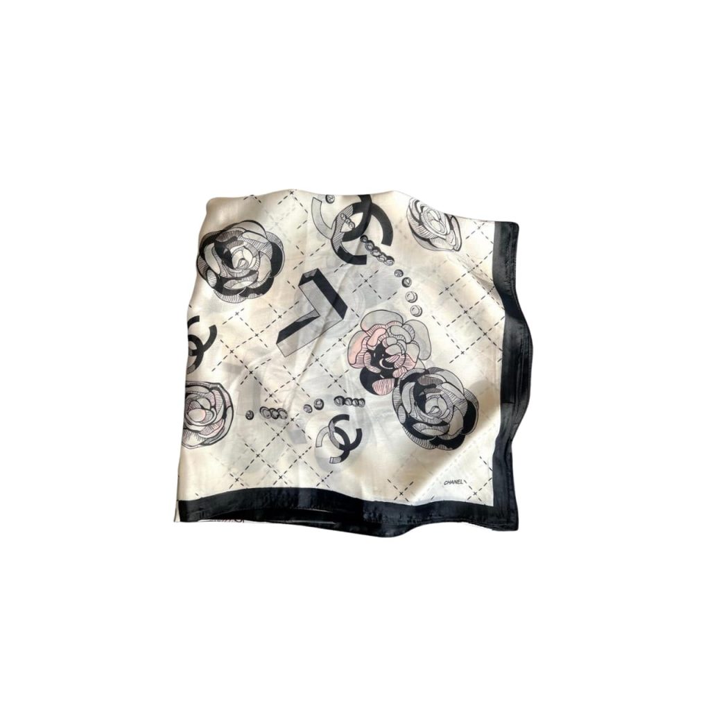 Chanel Cc With Pink Flower Square Scarf White 90Cm - Image 2