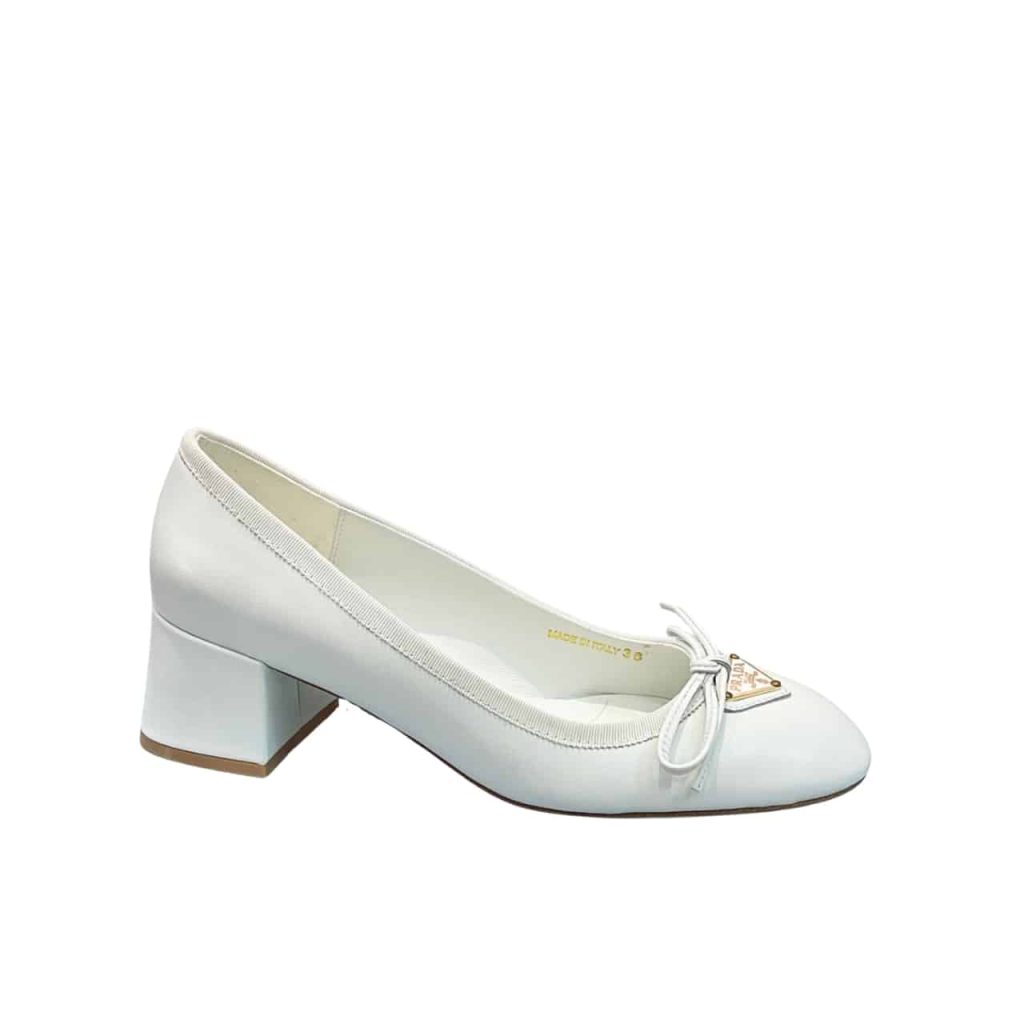 Prada Triangle Logo Bow Pump In White - Image 2