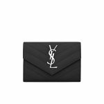 Saint Laurent Cassandre Matelassé Small Envelope Wallet In Grain De Poudre Leather Black Silver 13Cm 414404Bow021000
